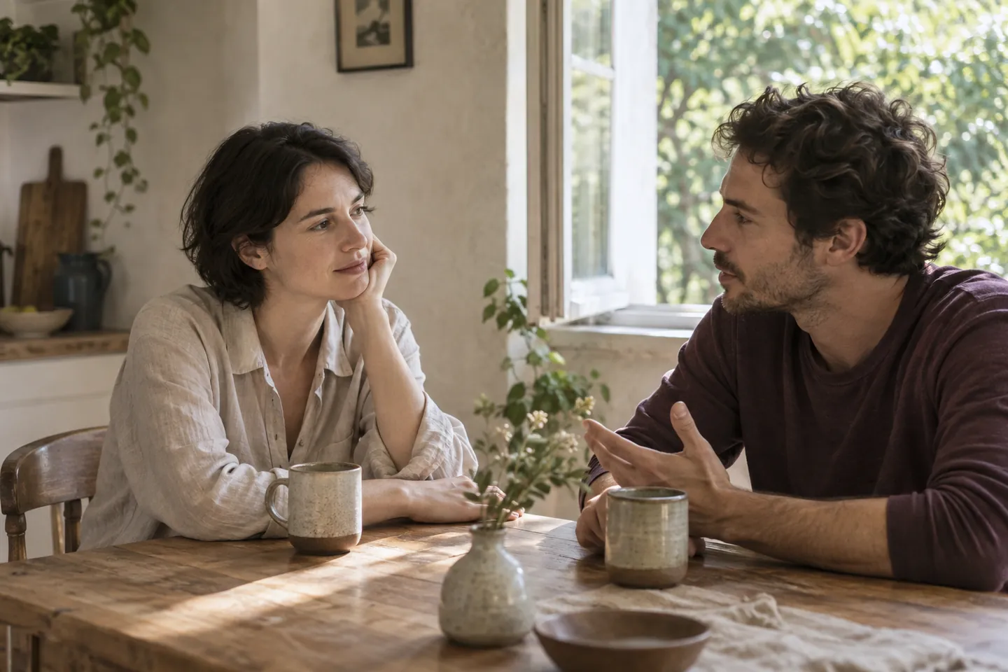 Two fictional adults listening and talking at a sunlit kitchen table.