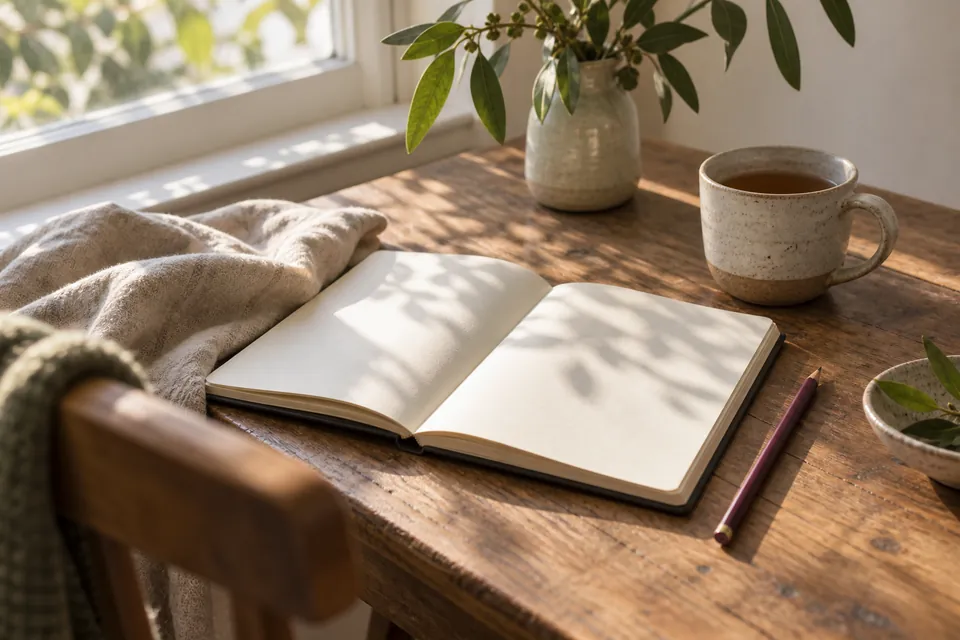 An open blank notebook and a cup of tea in soft window light.