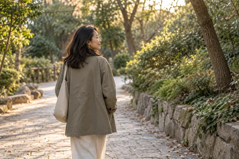 A fictional adult taking a quiet walk alone in a leafy park.